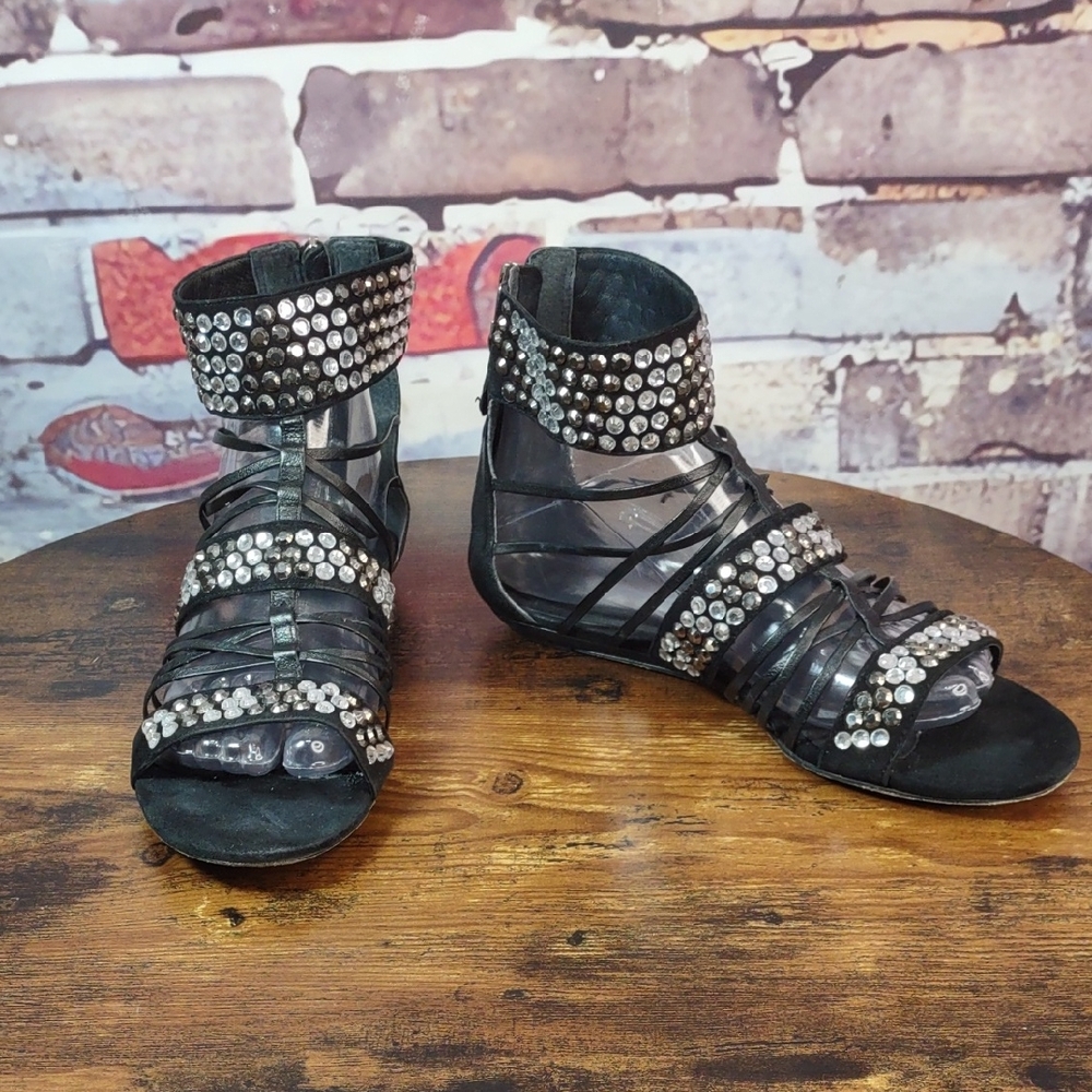 Pour La Victoire Black Leather Sandals with Crystal Accents